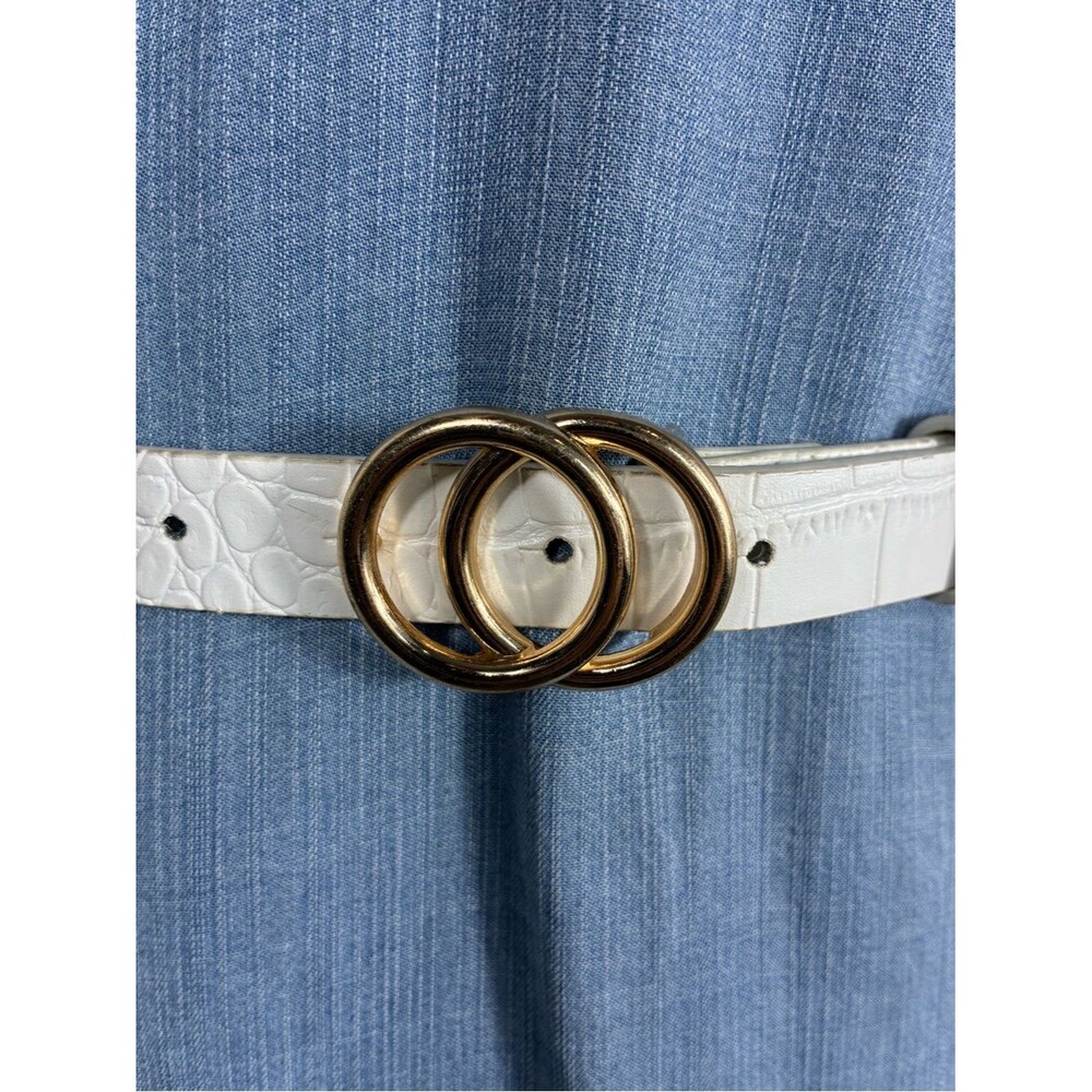 Womens belt 39” long White Croc-Embossed Double Ring gold buckle faux leather